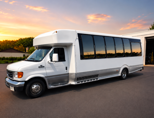 White 20-passenger party bus at sunset